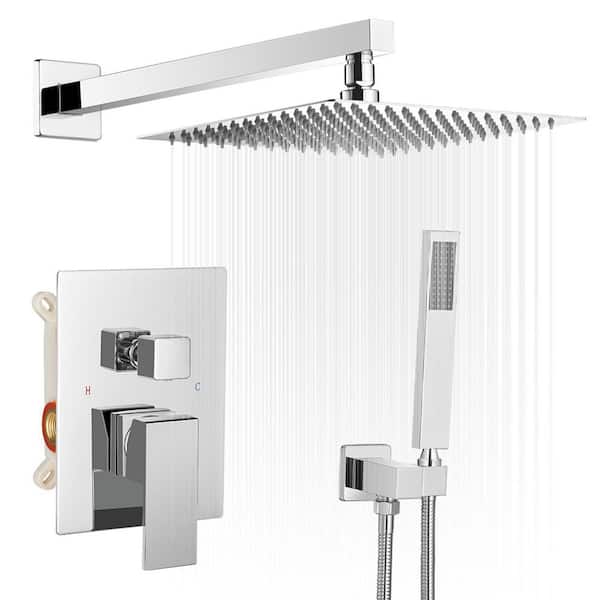 BWE Single Handle 2-Spray Square Bathroom Shower Combo Set Shower Faucet 2.5 GPM with Adjustable Heads in. Polished Chrome
