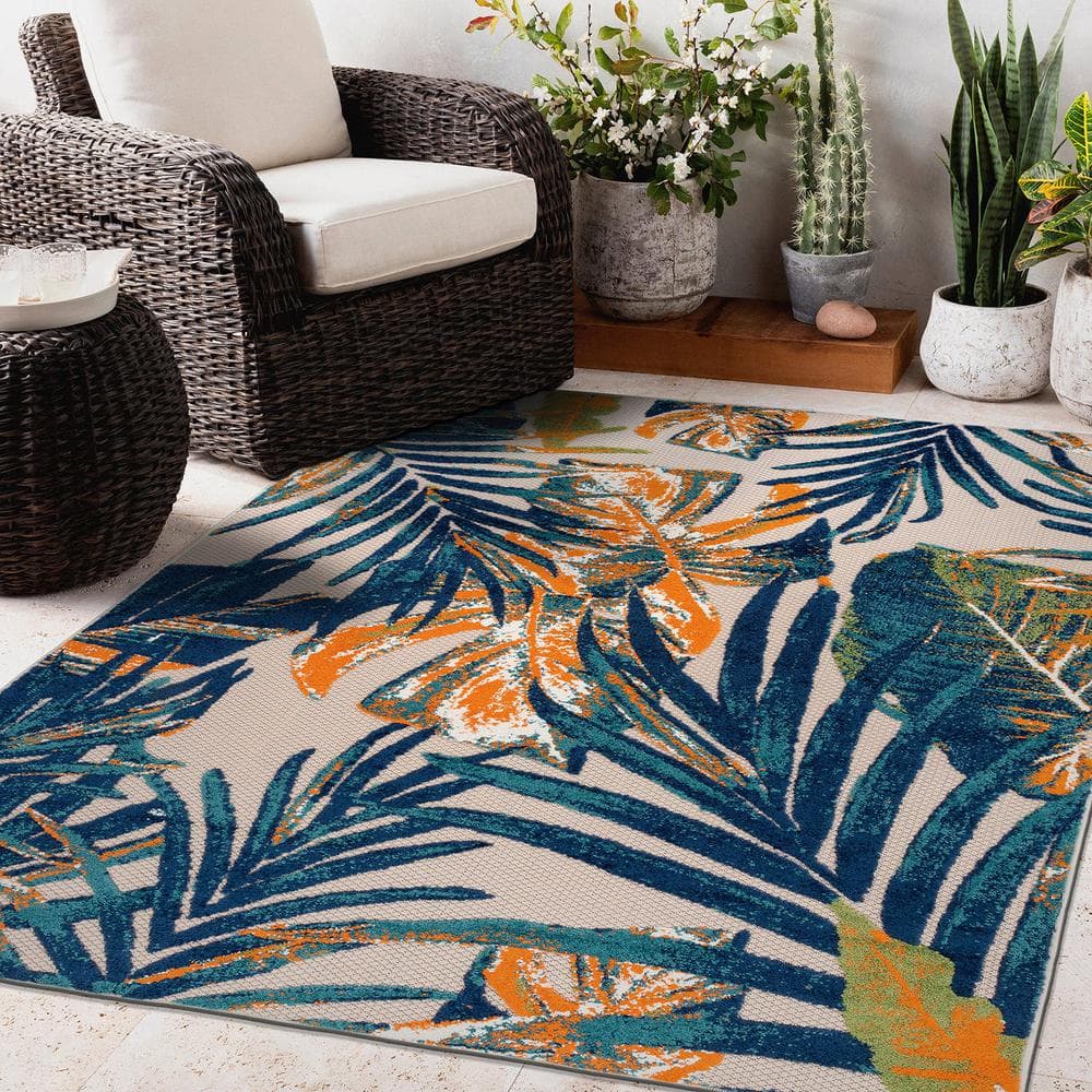 Tropical Floral Leaves Multi 5' x 7' Flat Woven Area Rug