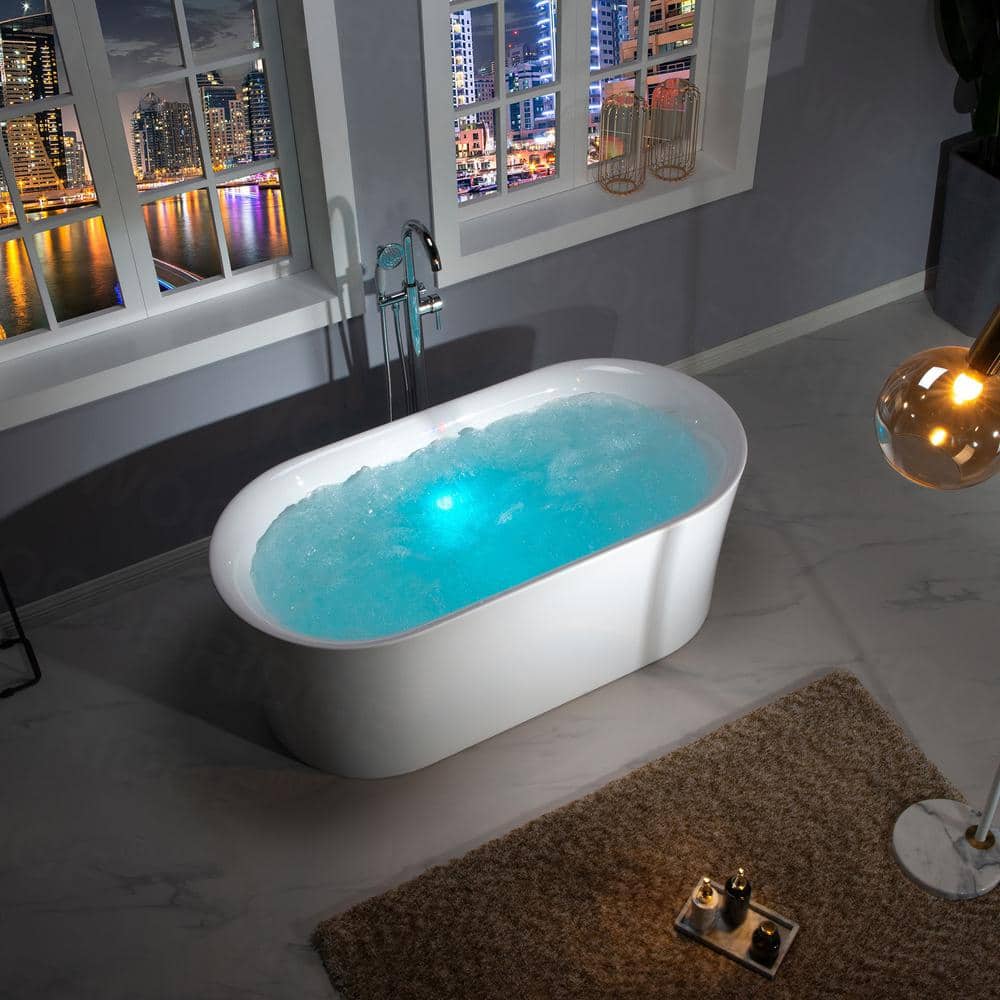 67'' White Acrylic Freestanding Air Soaking Bathtub with Brushed Gold Trim