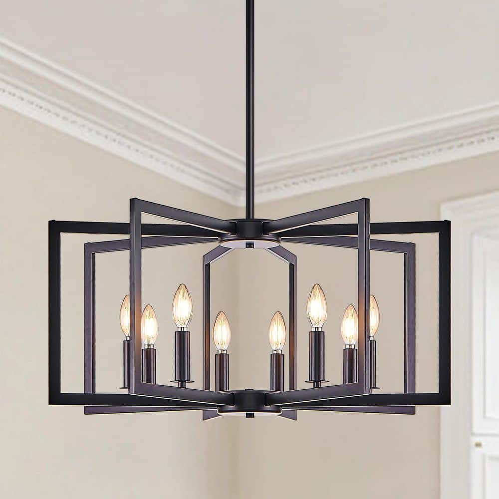 8-Light Black Geometric Chandelier, Industrial Metal Pendant Light Fixture 