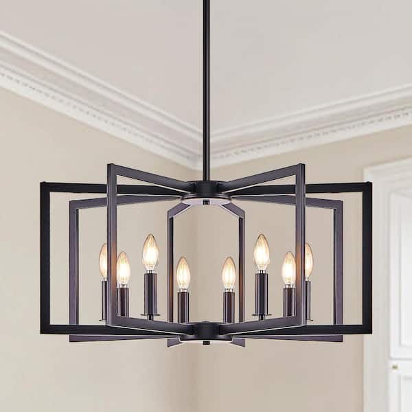 8-Light Black Geometric Chandelier, Industrial Metal Pendant Light Fixture for Living Room, Kitchen (Bulb Not Included)