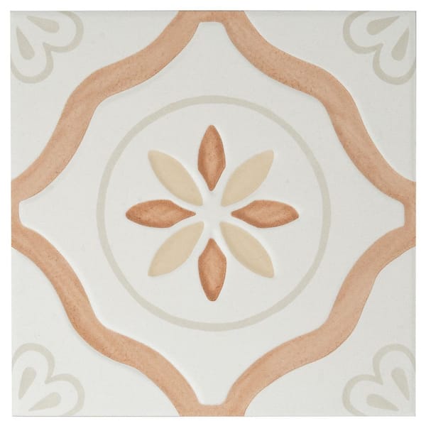 Palmera 9 in. x 9 in. Matte, Glossy Clay off-white Porcelain Floral Square Tile Sample (0.56 sq ft)