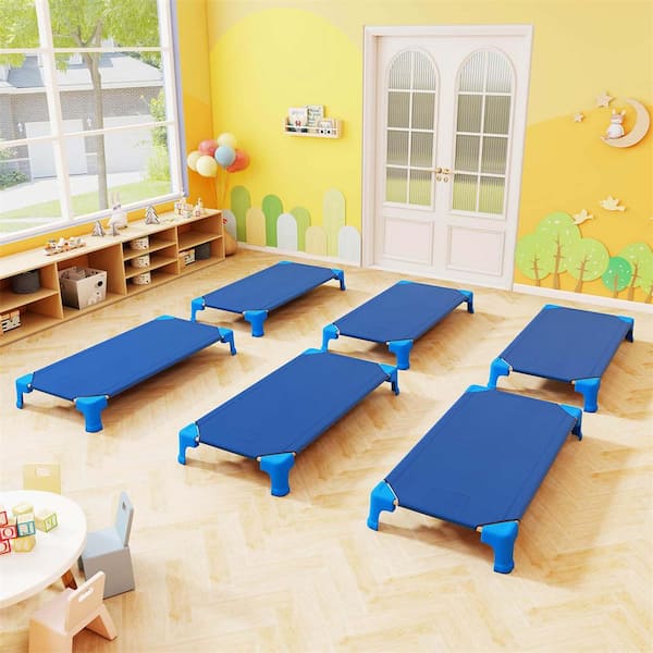 Blue Toddler Stackable Daycare Cots with Easy Lift Corners Heavy-Duty Metal Frame Kids (6-Pack)