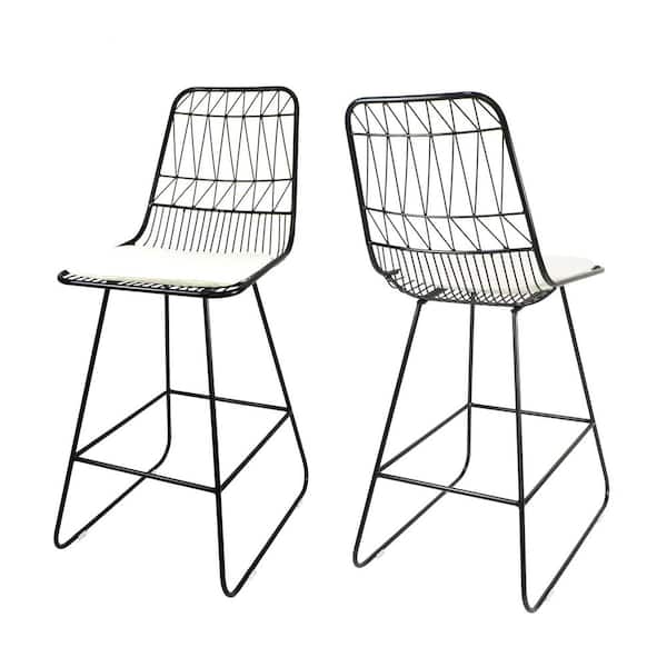 Black Metal Outdoor Bar Stool, Counter Stool with White Cushion (2-Pack)