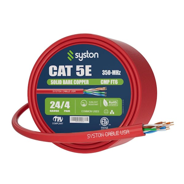 50 ft. Red Cat 5e CMP 350MHz 24AWG Solid Bare Copper Ethernet Internet Wire Bulk No Ends Plenum Rated POE Camera Router