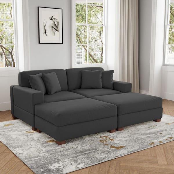 83 in. W Modern Square Arm 4-Piece Corduroy Fabric Sectional Sofa in Gray with 4 Pillows
