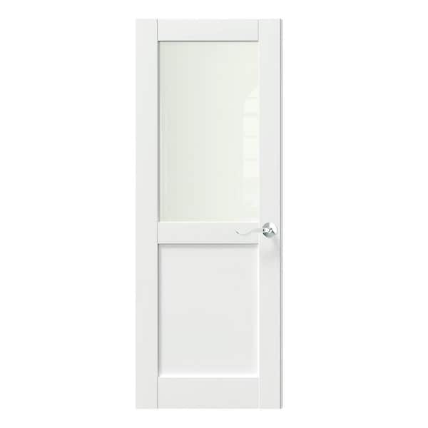 TENONER 30 in. x 80 in. MDF Wood, Primed, White, 1/2 Lite, Frosted Glass Interior Door Slab With Silver Curved Doorknob