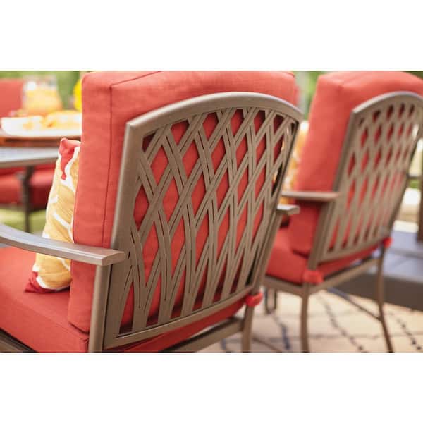 Hampton Bay Oak Cliff 7 Piece Metal Outdoor Dining Set With 6 Stationary Chairs And Chili Cushions 176 411 7d V2 The Home Depot