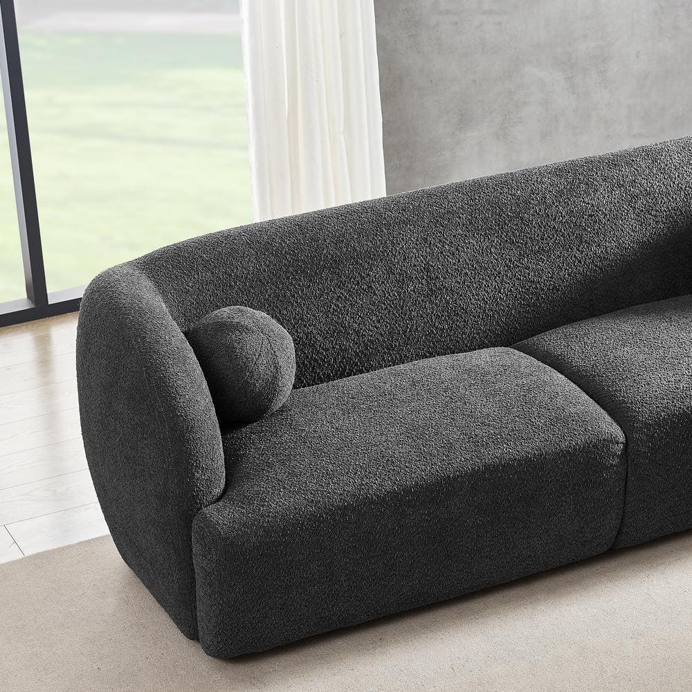 Gray Boucle Fabric Curved 3-Seat Sofa with Walnut Legs