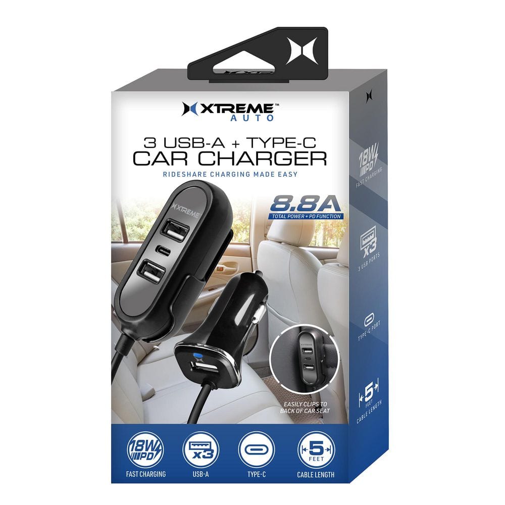 5 ft. Car Charger Extension 3-USBA plus 1-Type-C Port, Indicator Light