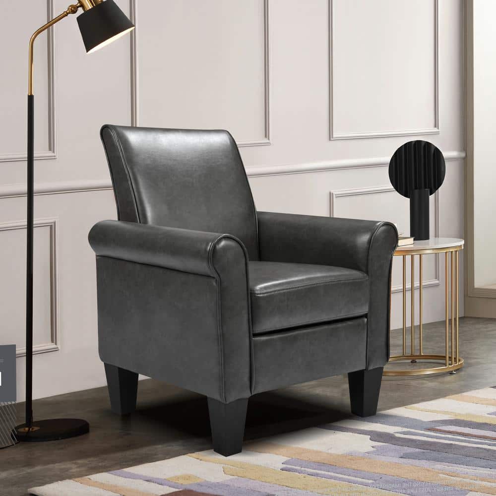 Gray Faux Leather Round Arm Accent Chair with Wood Frame