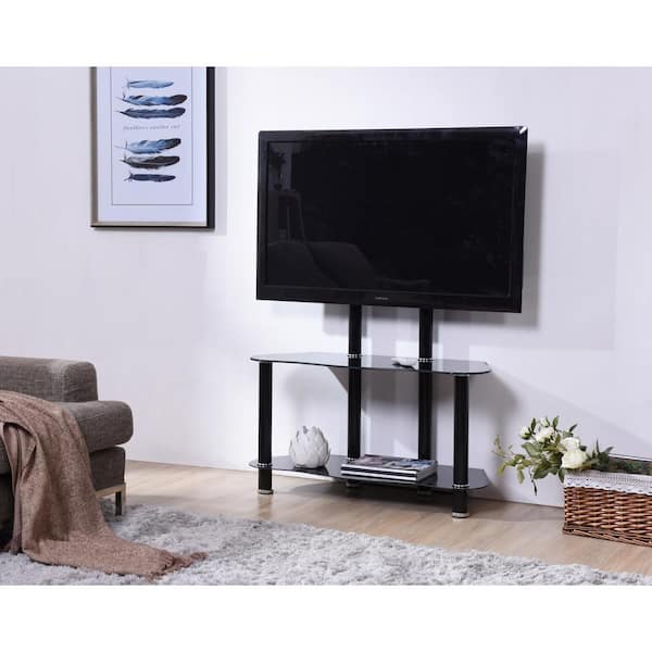 HODEDAH 35 in. Black Glass TV Stand Fits TVs Up to 55 in. with Cable Management
