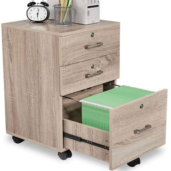 Oak Color Mobile File Cabinet with Lock and 3-Drawers