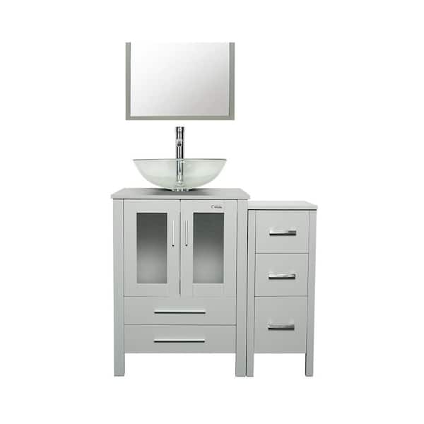 36 in. W x 20 in. D x 32 in. H Clear Single Sink Bath Vanity in Gray with Gray Top and Mirror Chrome Faucet Drain Set