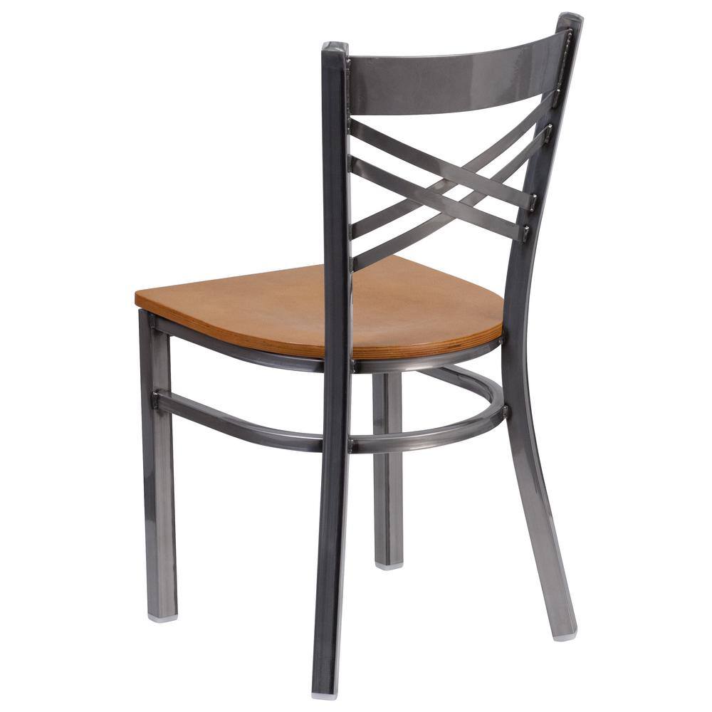 Black and Silver Cross Back Metal Side Chair with Wood Seat