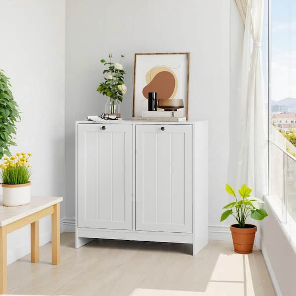 Odette White Wood Modern Rectangle Laundry Room Hamper with Removable Basket, Hidden Laundry Hamper, Storage Cabinet
