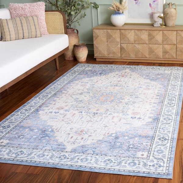 Arizona 8 ft. x 10 ft. Beige/Light Blue Distressed Medallion Washable Area Rug