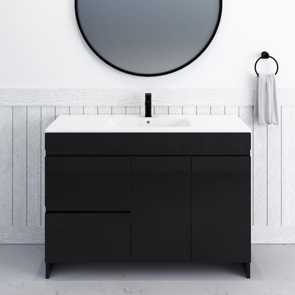 VOLPA USA AMERICAN CRAFTED VANITIES Mace 48 in. W x 18 in. D x 34 in. H Bath Vanity in Glossy Black with White Ceramic Top and Left-Side Drawers