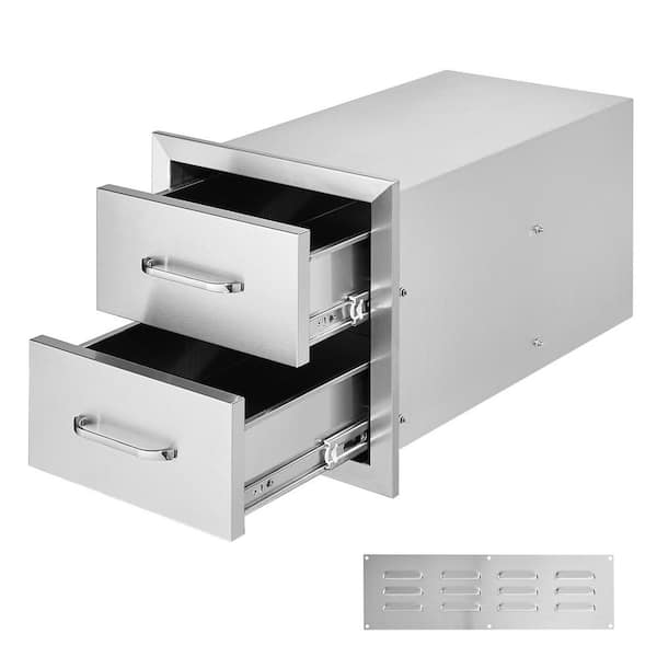 SKYSHALO Outdoor Kitchen Drawers 14 in ., Flush Mount Double BBQ Drawers Stainless Steel with Handle, Access Drawer