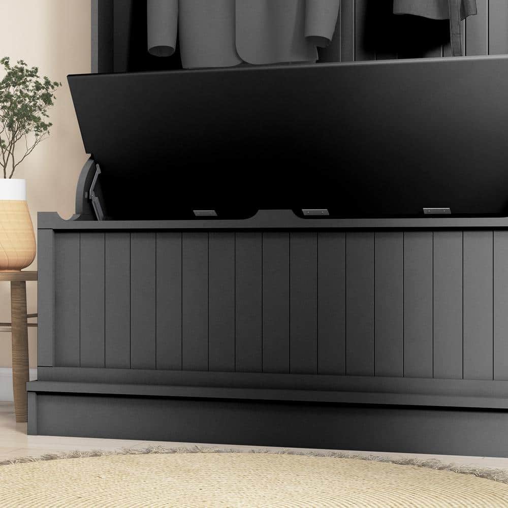 Black Steel Hall Tree with Storage Bench and Coat Rack