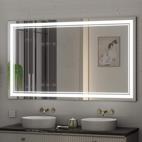 KeonJinn 60 in. W x 40 in. H Large Rectangular Frameless LED Light Anti-Fog Wall Bathroom Vanity Mirror 3-Colors Dimmable Bright