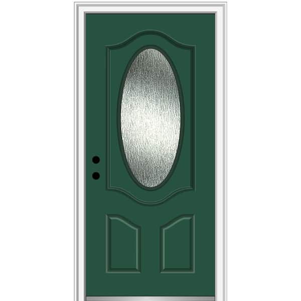 MMI Door 36 in. x 80 in. Right-Hand Inswing Rain Glass Hunter Green Fiberglass Prehung Front Door on 6-9/16 in. Frame