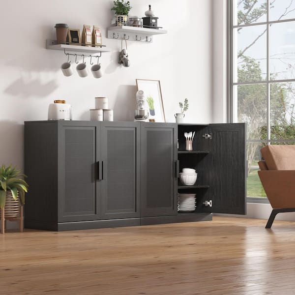 31 in. Tall Black Wood Grain Wood 2-Shelf Standard Bookcase with Rattan Doors, Storage