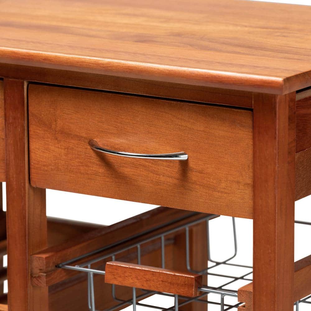 Crayton Oak Brown and Silver Mobile Kitchen Cart with Wine Storage