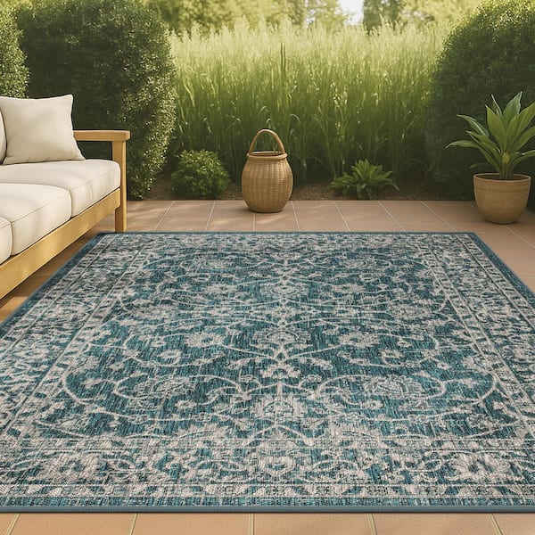 JONATHAN Y Palazzo Vine and Border Teal/Gray 7 ft. 9 in. x 10 ft. Textured Weave Indoor/Outdoor Area Rug