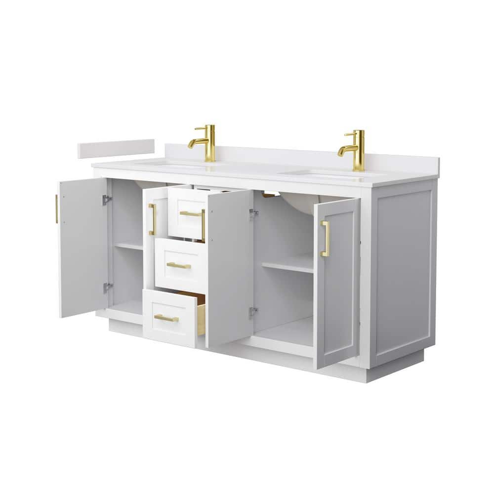 Miranda 66'' White Double Freestanding Bathroom Vanity with Marble Top and Gold Trim