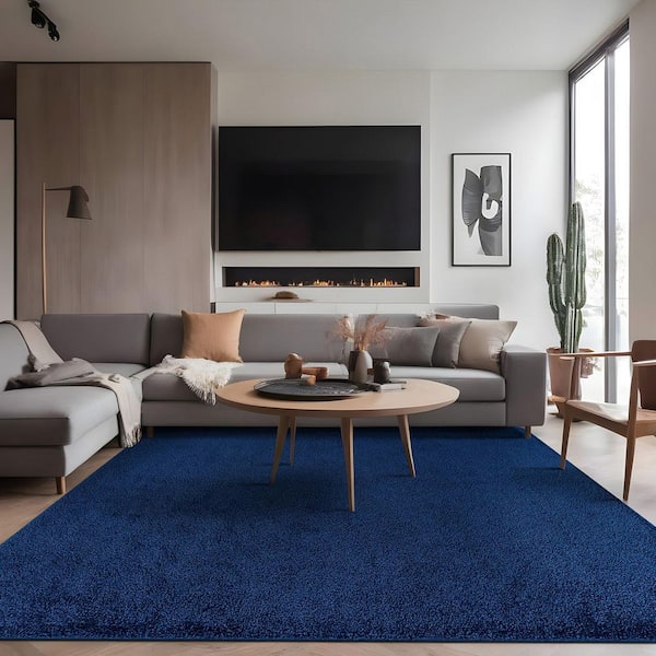 Silky Navy 5 ft. x 7 ft. Solid Plus Thick Pile Non Slip Easy Clean Non Shedding Modern Indoor Area Rug
