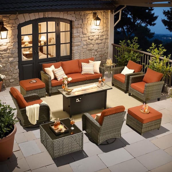 Nvelyn Gray 10-Piece Wicker Patio Rectangle Fire Pit Conversation Set with Orange Red Cushions and Swivel Chairs