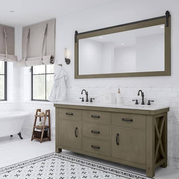 Water Creation Aberdeen 72 in. W x 22 in. D Vanity in Grizzle Gray with Marble Vanity Top in White with White Basin, Faucets and Mirror