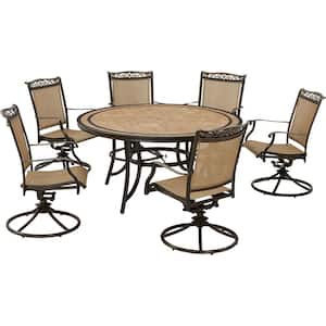 Fontana 7-Piece Aluminum Outdoor Dining Set, 6 Swivel Rocker Chairs and 60 in. Round Tile Table, Bronze, All-Weather