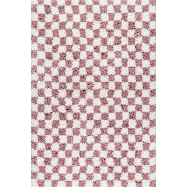 Bettie Retro Checkered Shag Pink 9 ft. x 12 ft. Indoor Area Rug