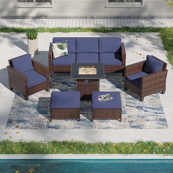 6-Pieces Patio Conversation Set with Square Fire Pit Table and Ottomans, PE Brown Wicker Sofa with Navy Blue Cushion
