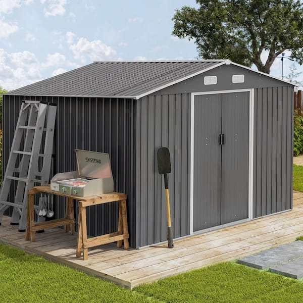 10 ft. x 8 ft. Outdoor Metal Storage Shed Tool House with Foundation and Lockable Doors for Garden, Gray (75 sq. ft.)