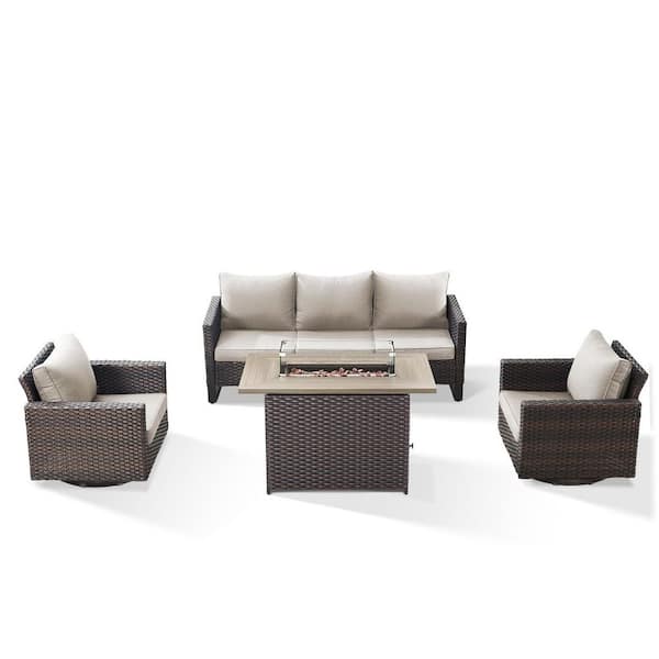 UvaNest Brown 4-Piece Wicker Patio Fire Pit Conversation Set with Beige Cushions, Outdoor Sofa Set with Swivel Glider