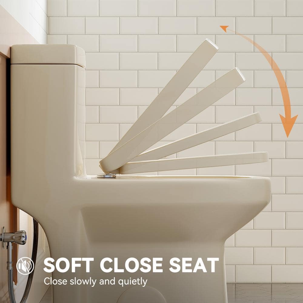 Compact Bisque One-Piece Dual Flush Toilet with Soft Close Seat