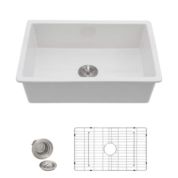 30 in. Drop-In/Undermount Single Bowl Fireclay Ceramic White Kitchen Sink, Rectangular Dual Mount Deep Basin