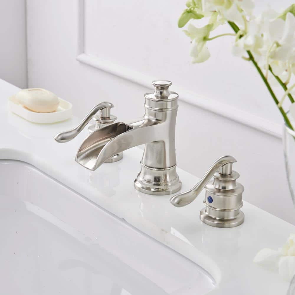 Brushed Nickel 8-Inch Widespread Waterfall Bathroom Faucet