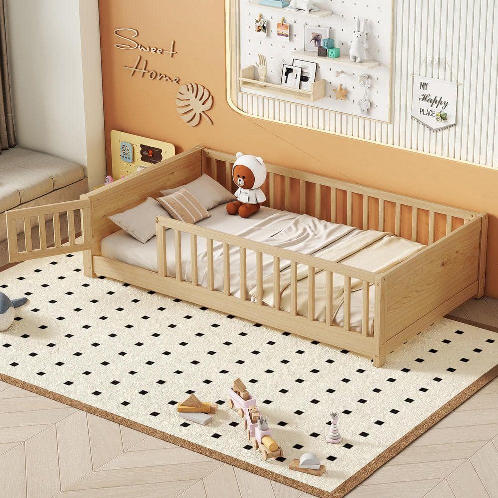 Natural Yellow Wood Frame Twin Size Platform Bed with Built-in Book Storage Rack and Door