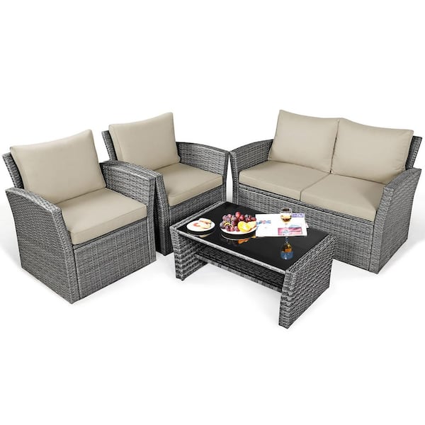 Costway 4-Piece Wicker Patio Conversation Set with Khaki Cushions