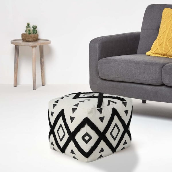 Textured Diamond Indoor Square Pouf, Black And White, 18