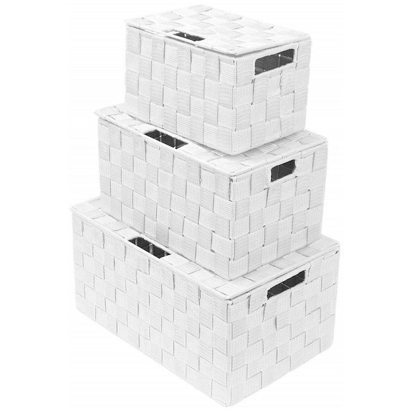 Set of 3 White Woven Storage Baskets with Lids-Mesh Organizer Bin