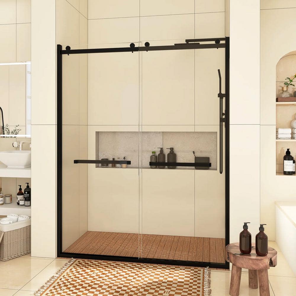 60-Inch Matte Black Frameless Sliding Shower Door with Clear Glass