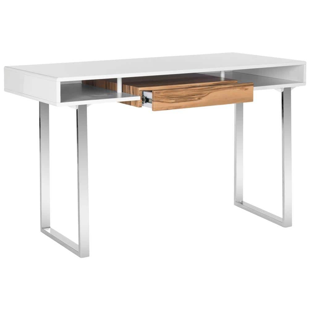 White and Natural Wood Modern Writing Desk with Drawer