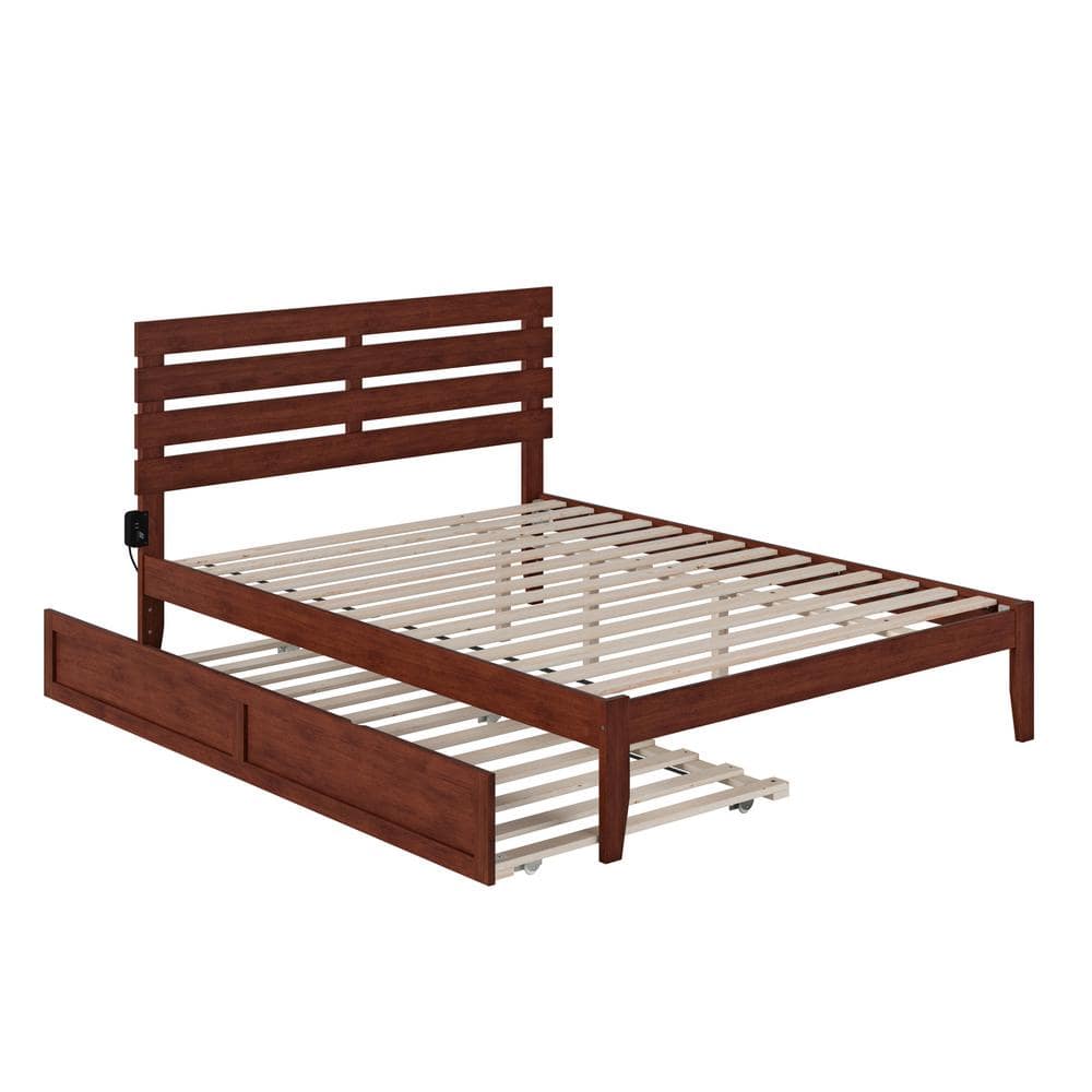 Walnut Queen Upholstered Platform Bed with Wood Headboard and Slats