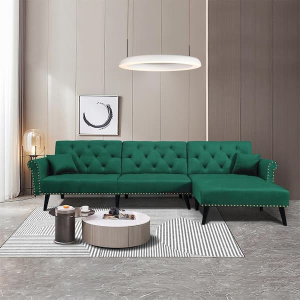 J&E Home 115 in. W Green Velvet Twin Size 4 Seats Reversible Tufted Sofa Bed Sleeper