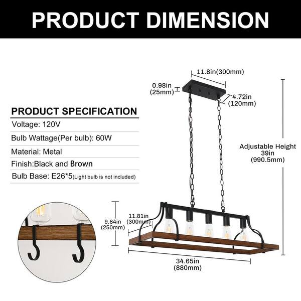 YANSUN Rustic 5-Light Kitchen Island and Dining Room Light
